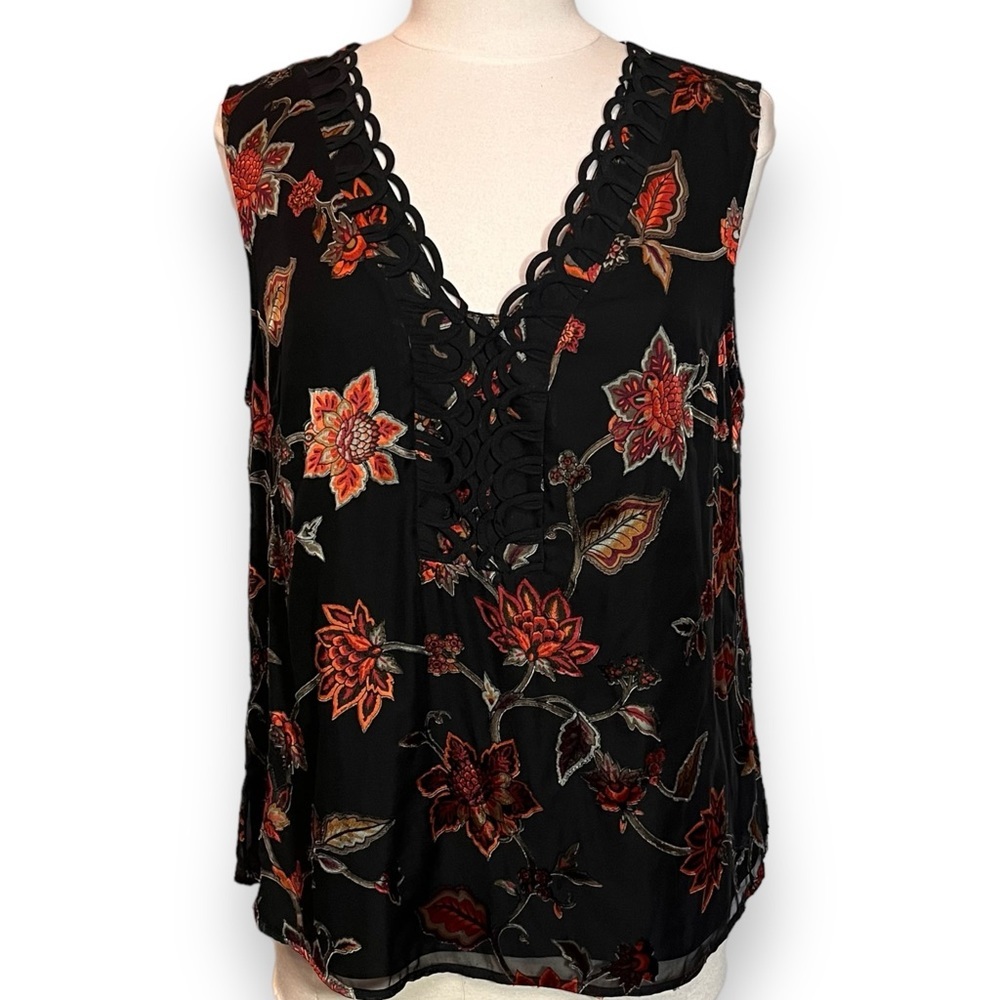 Daniel Rainn Black Floral Lace-Trim Sleeveless Top